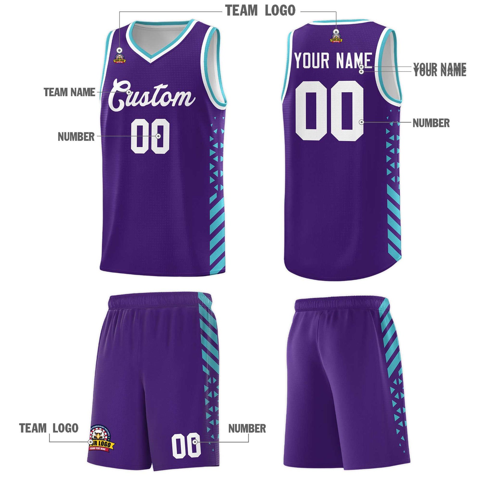 Custom Purple Basketball Kits With Side Sky Blue Diamond Stripe Pattern