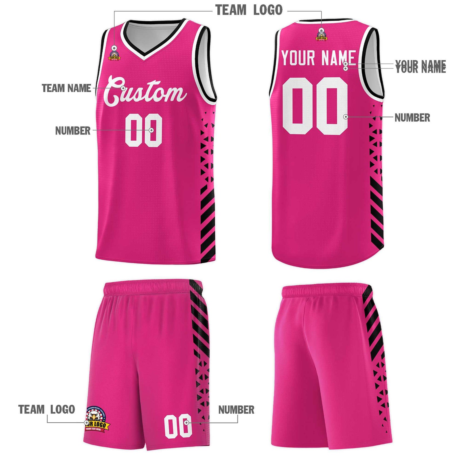 Custom Rose Red Basketball Kits With Side Black Diamond Stripe Pattern