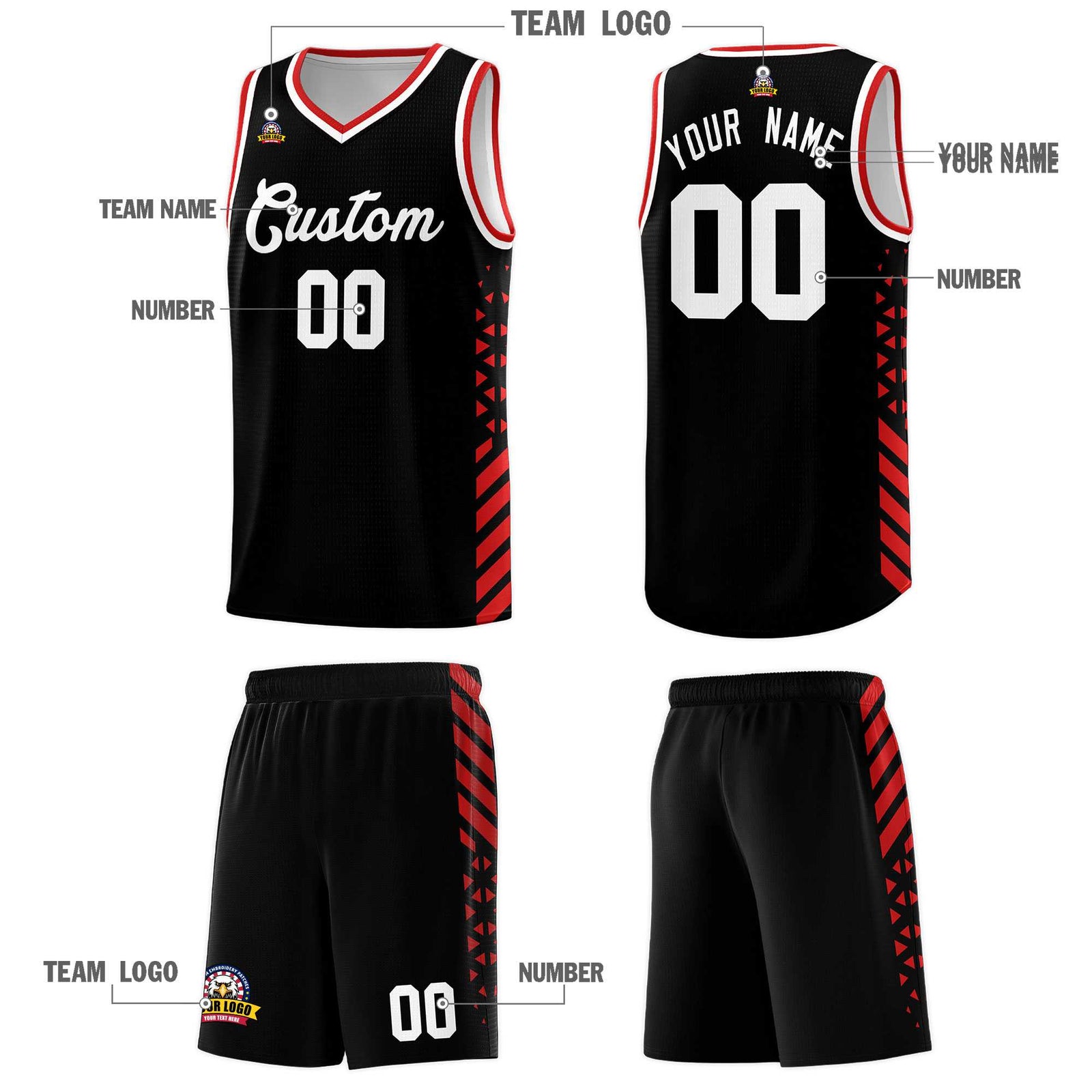 Custom Black Basketball Kits With Side Red Diamond Stripe Pattern
