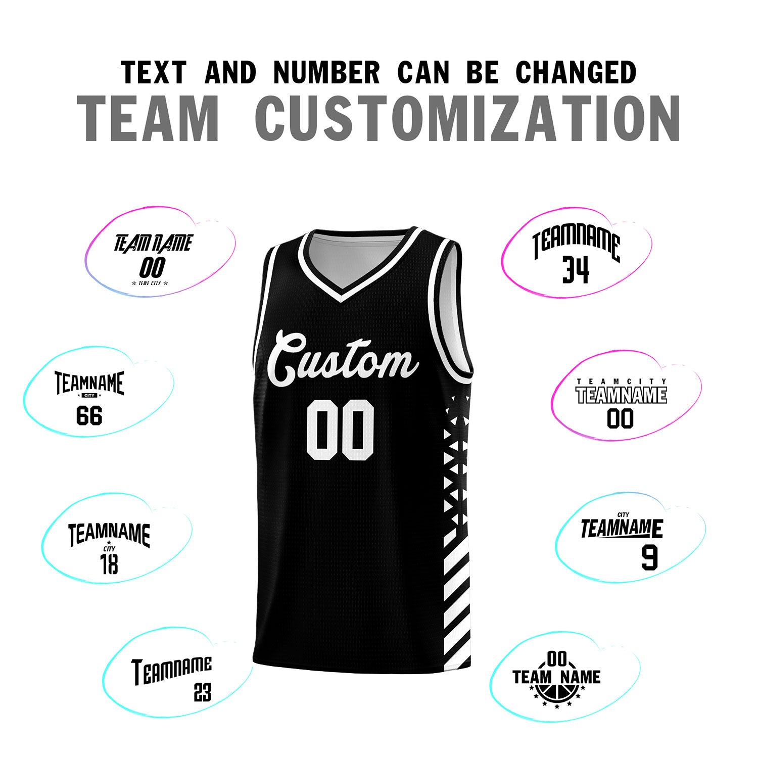 Custom Black Basketball Kits With Side White Diamond Stripe Pattern