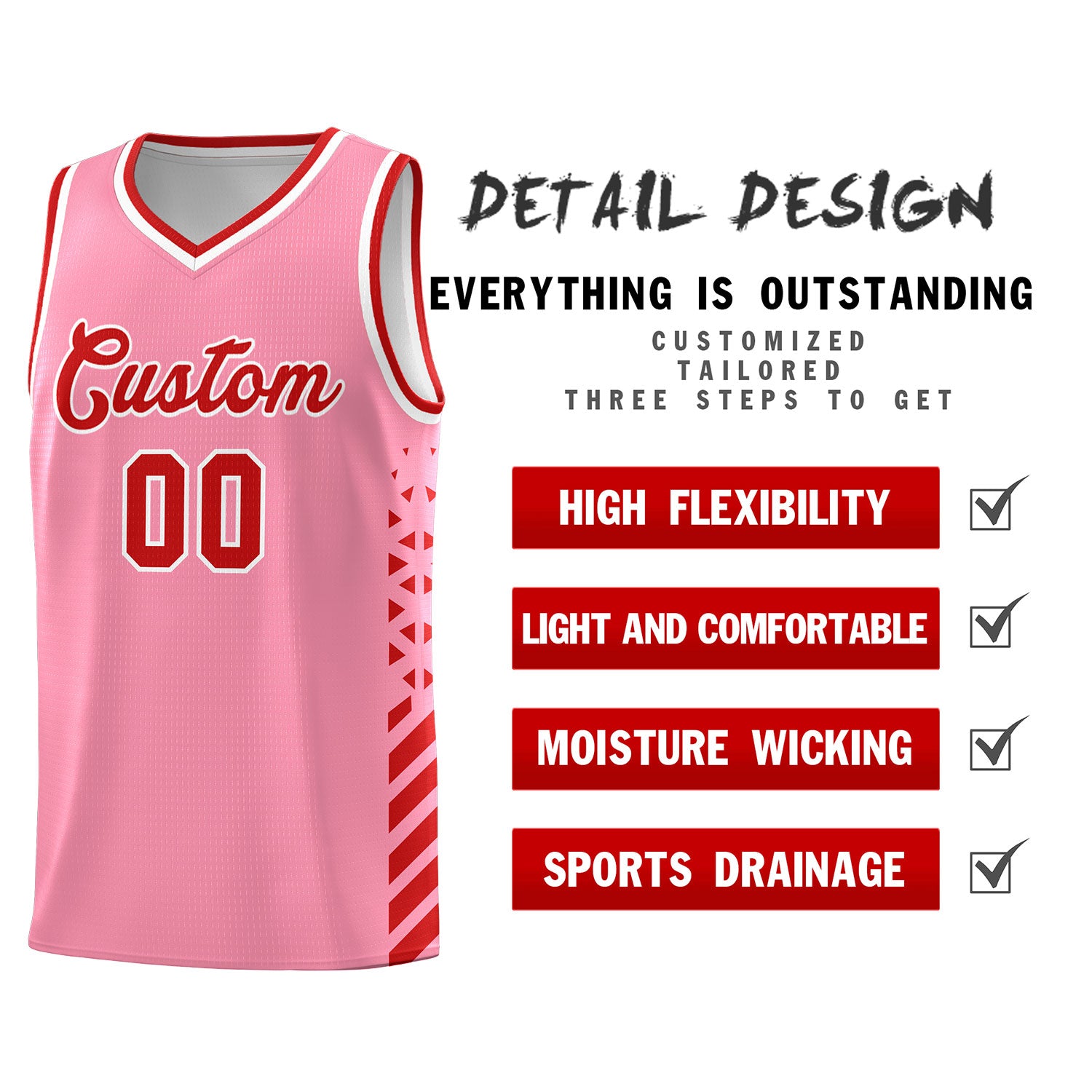 Custom Light Pink Basketball Kits With Side Red Diamond Stripe Pattern