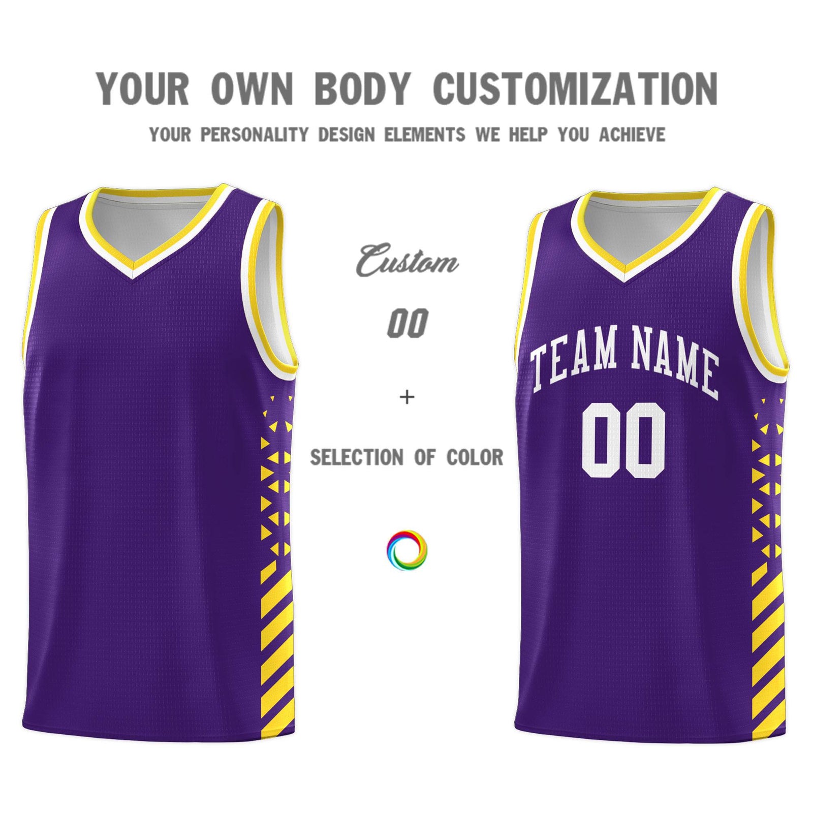 Custom Purple Basketball Kits With Side Gold Diamond Stripe Pattern