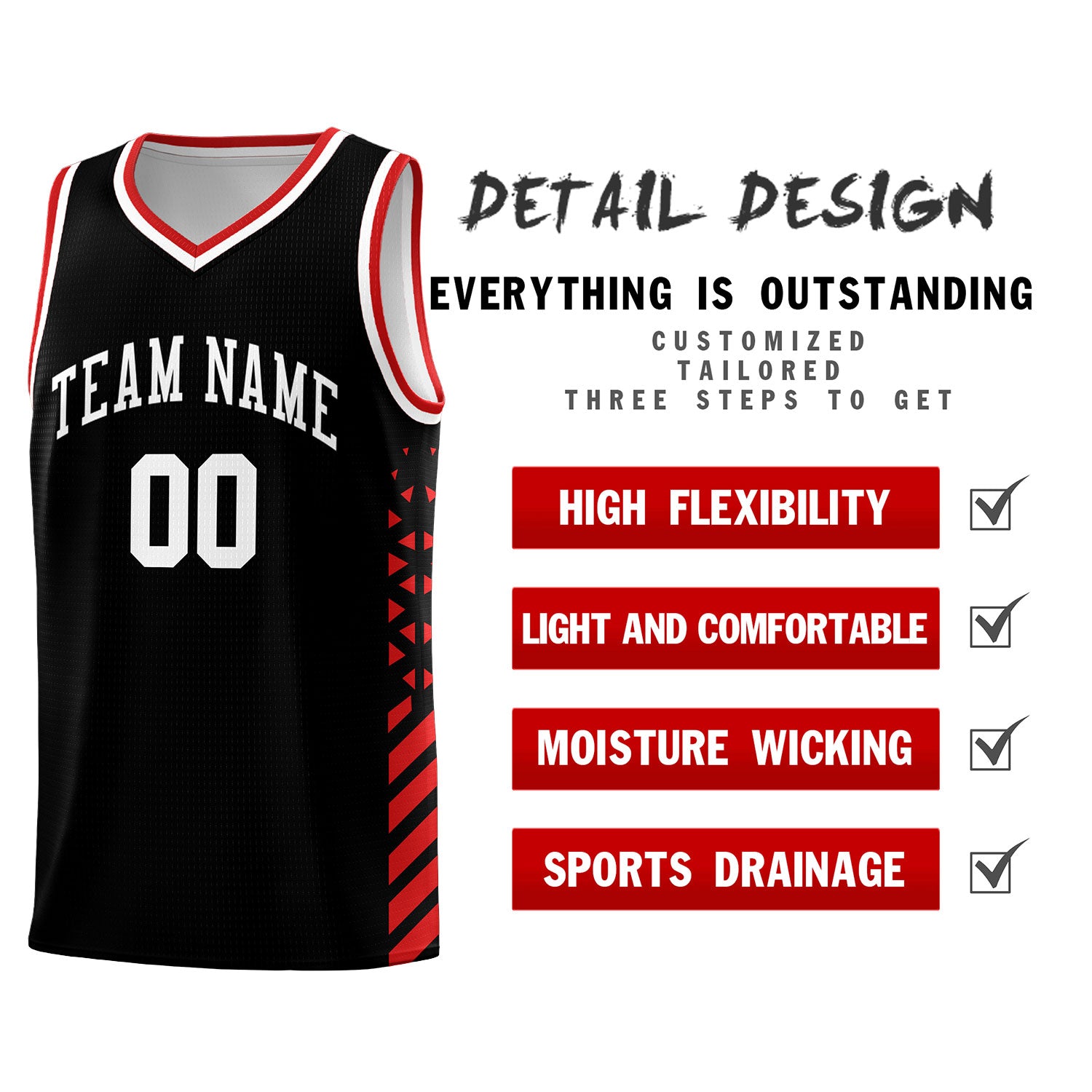 Custom Black Basketball Kits With Side Red Diamond Stripe Pattern