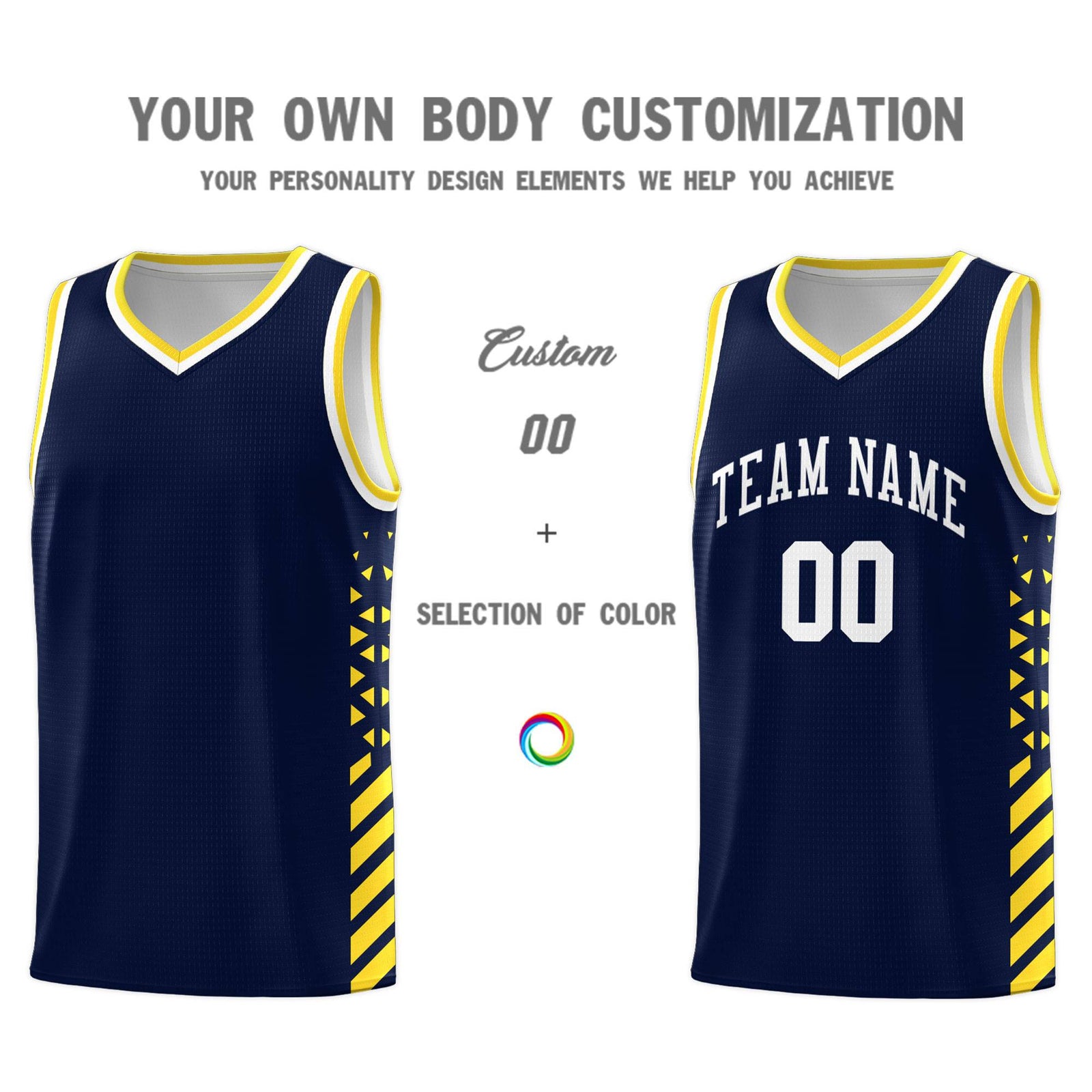 Custom Navy Basketball Kits With Side Gold Diamond Stripe Pattern