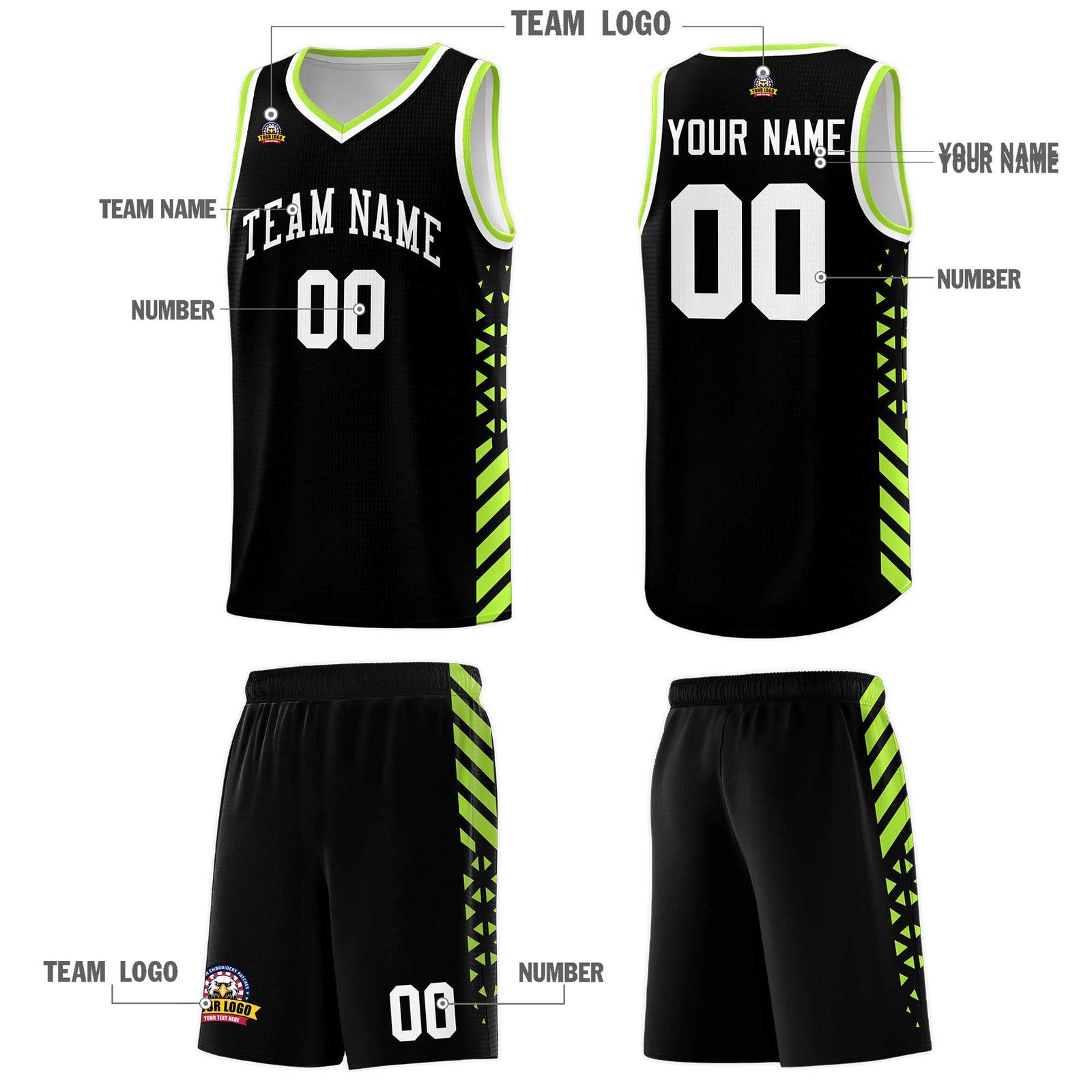 Custom Black Basketball Kits With Side Neon Green Diamond Stripe Pattern