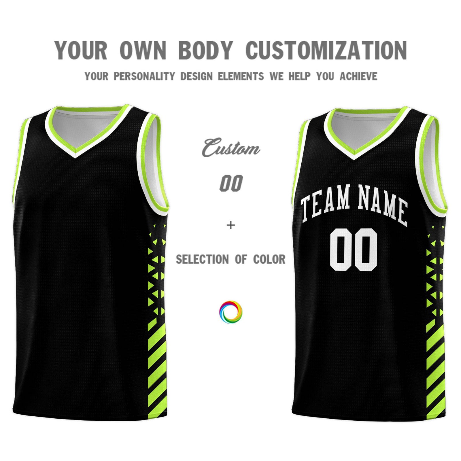 Custom Black Basketball Kits With Side Neon Green Diamond Stripe Pattern