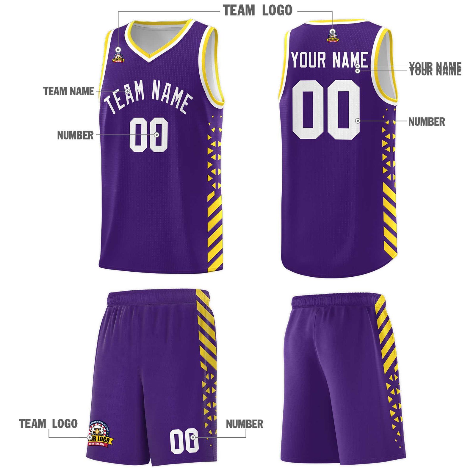 Custom Purple Basketball Kits With Side Gold Diamond Stripe Pattern