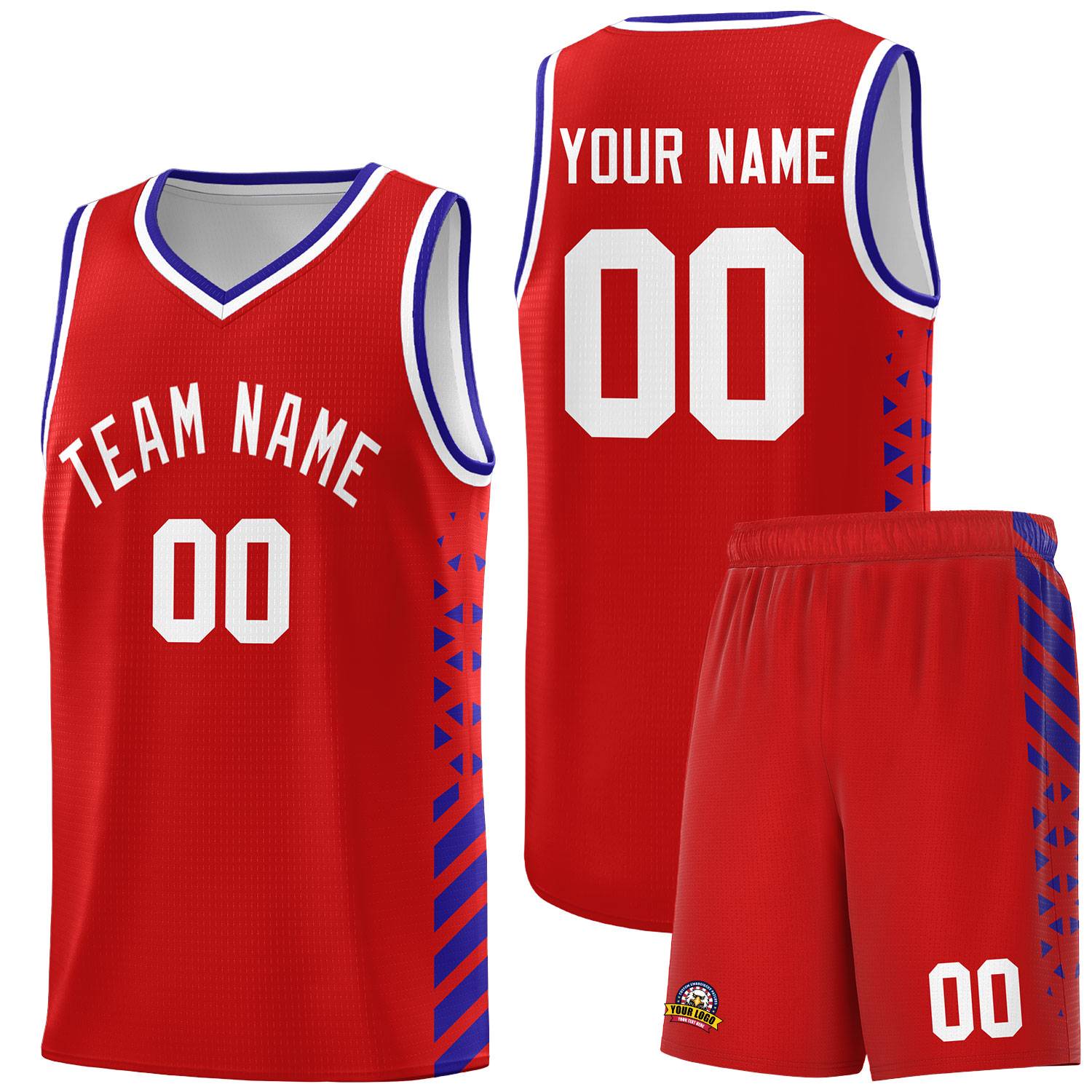 Custom Red Basketball Kits With Side Royal Diamond Stripe Pattern