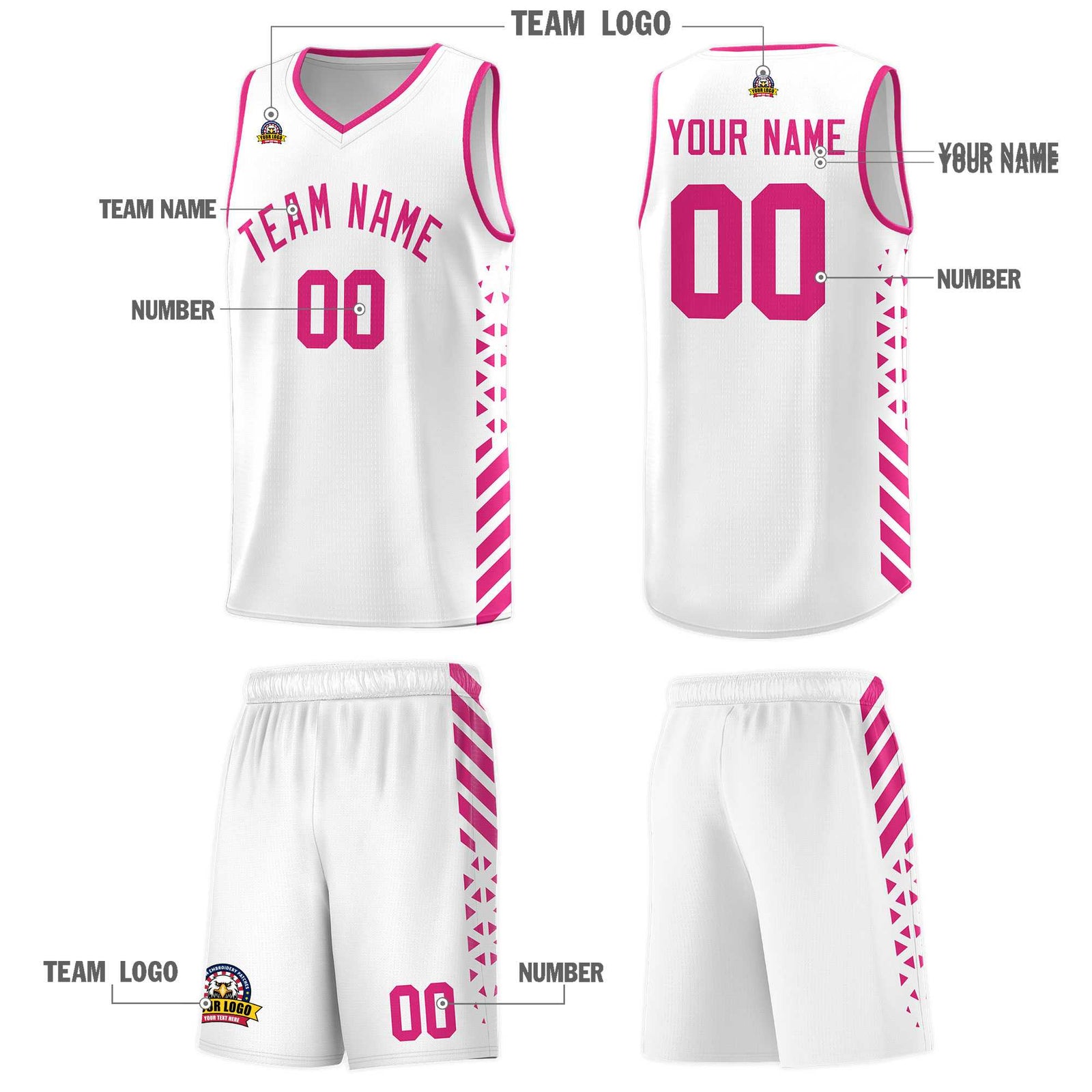 Custom White Basketball Kits With Side Rose Red Diamond Stripe Pattern