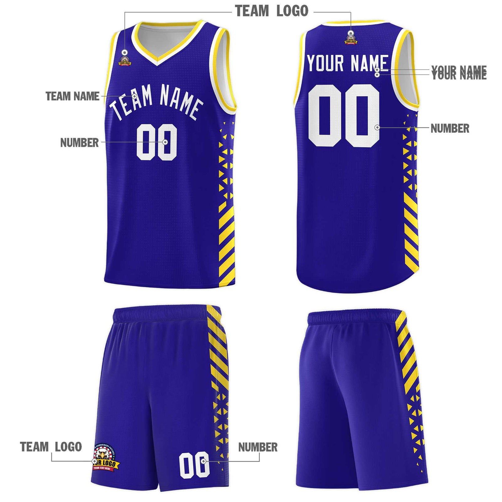 Custom Royal Basketball Kits With Side Gold Diamond Stripe Pattern