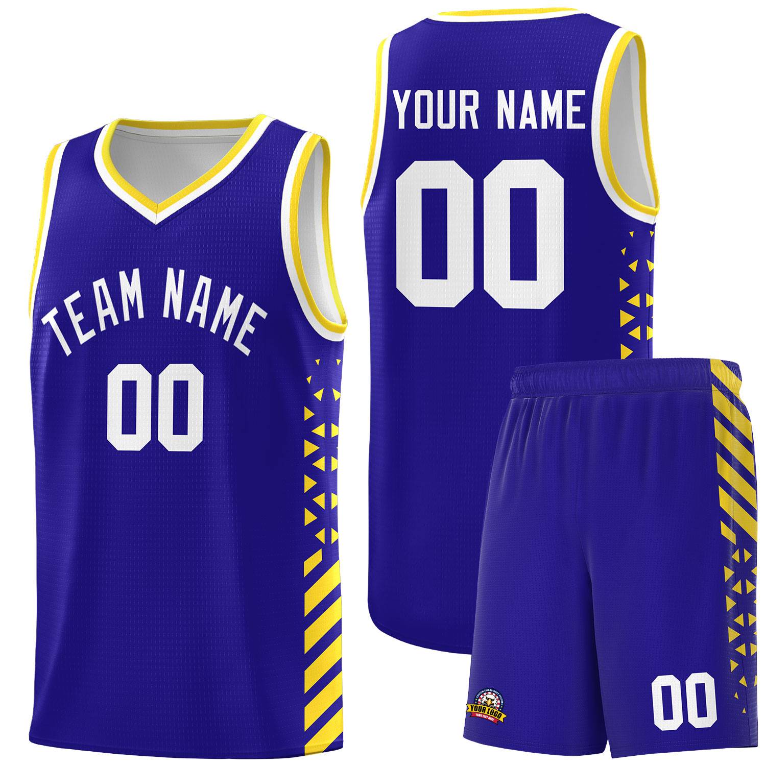 Custom Royal Basketball Kits With Side Gold Diamond Stripe Pattern