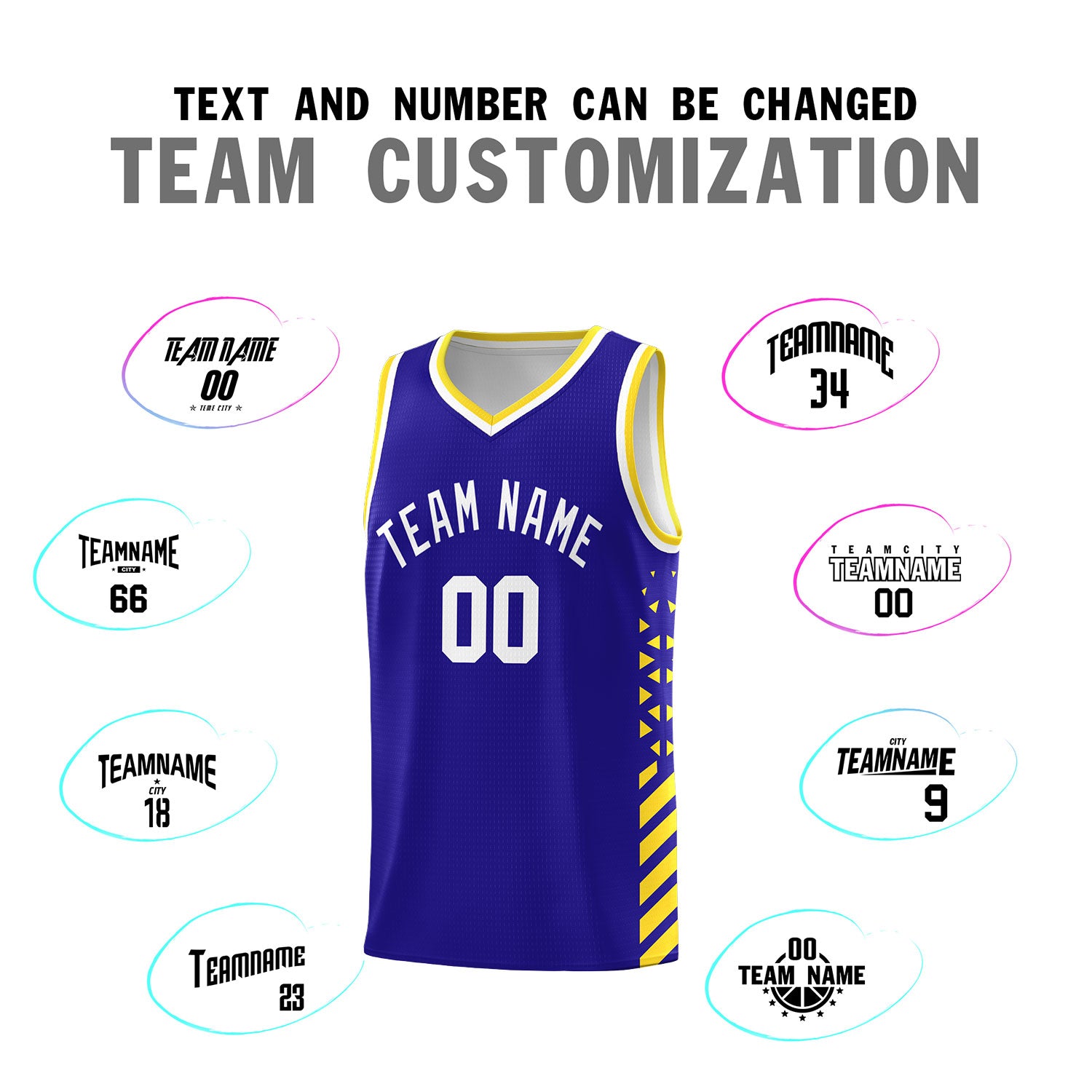 Custom Royal Basketball Kits With Side Gold Diamond Stripe Pattern