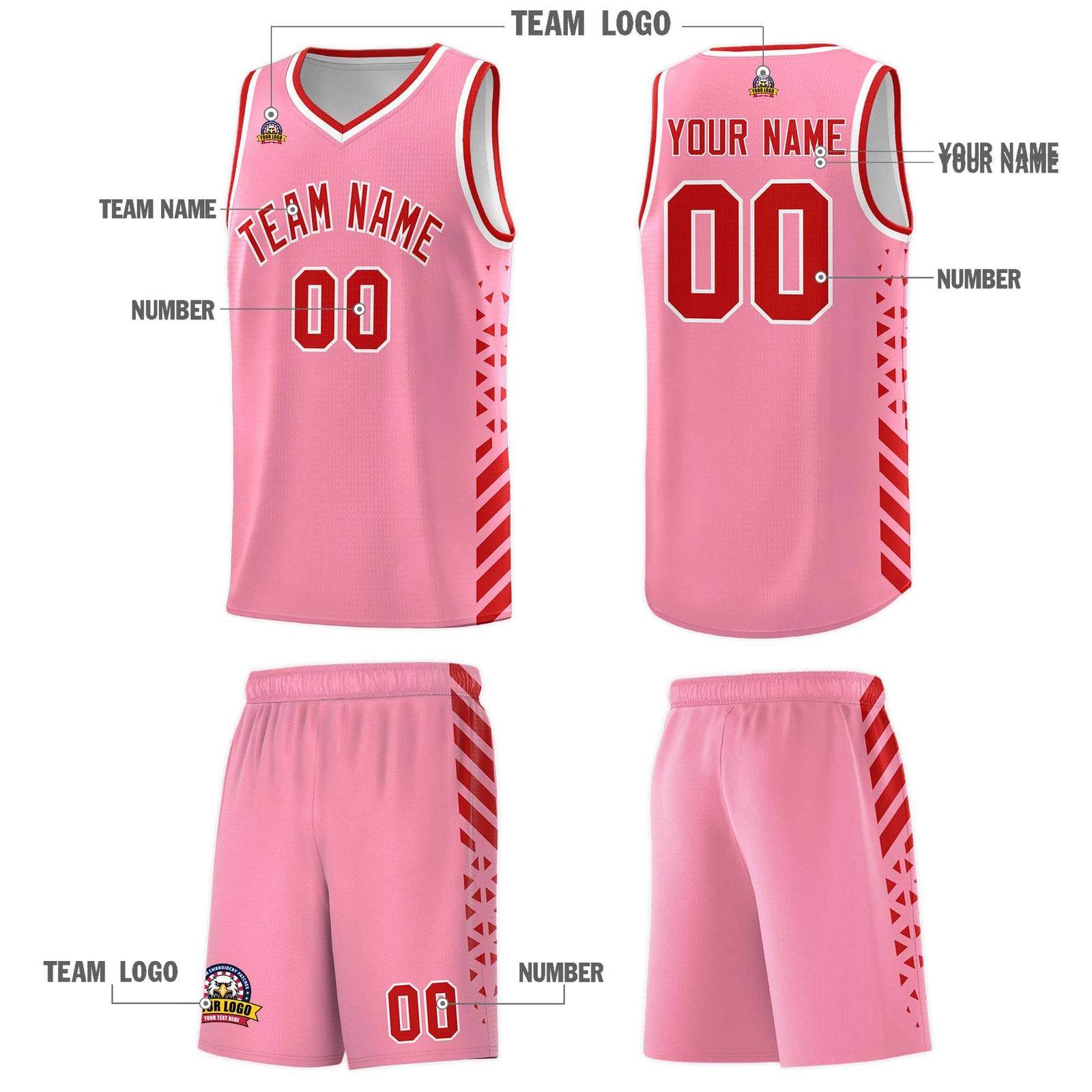 Custom Light Pink Basketball Kits With Side Red Diamond Stripe Pattern
