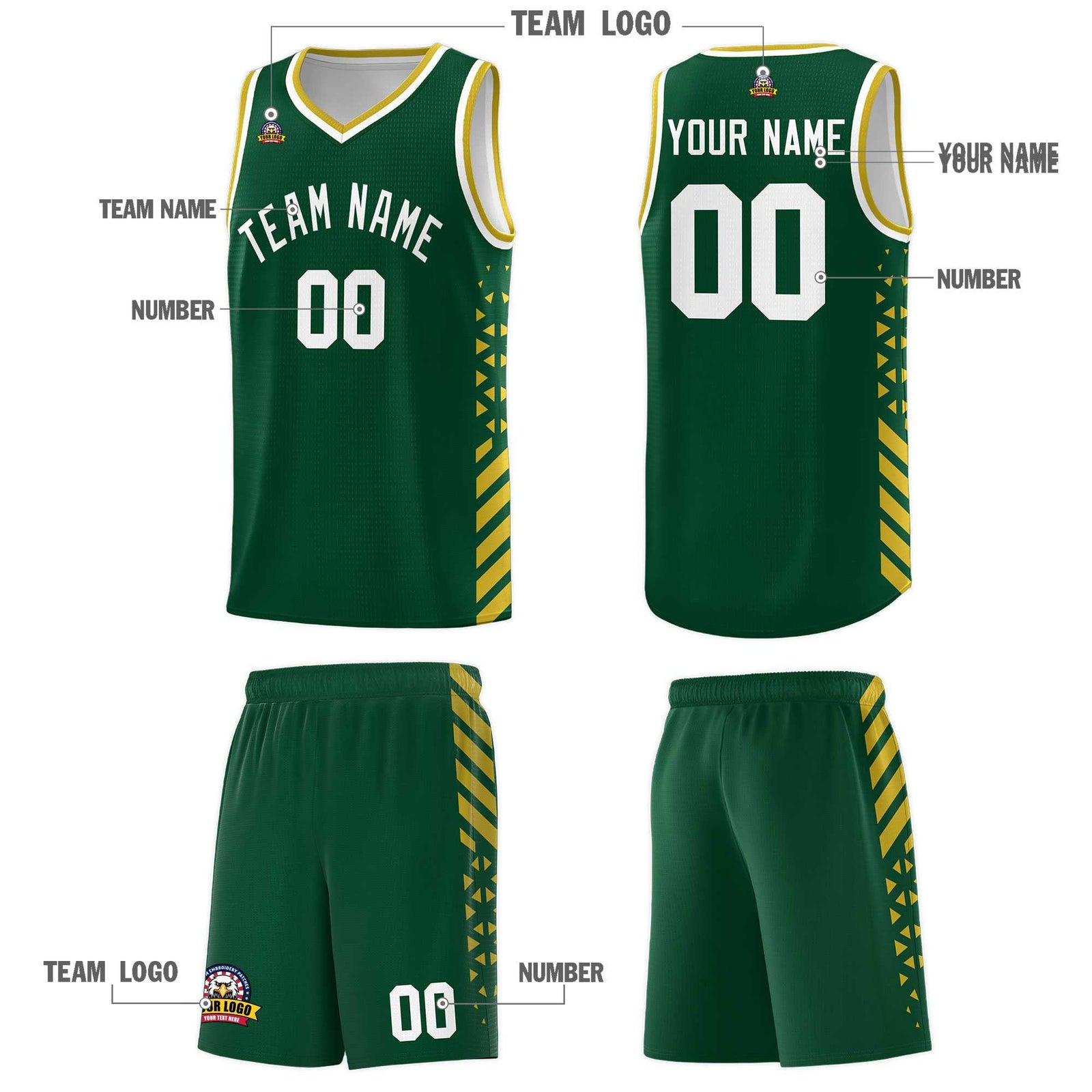 Custom Green Basketball Kits With Side Old Gold Diamond Stripe Pattern