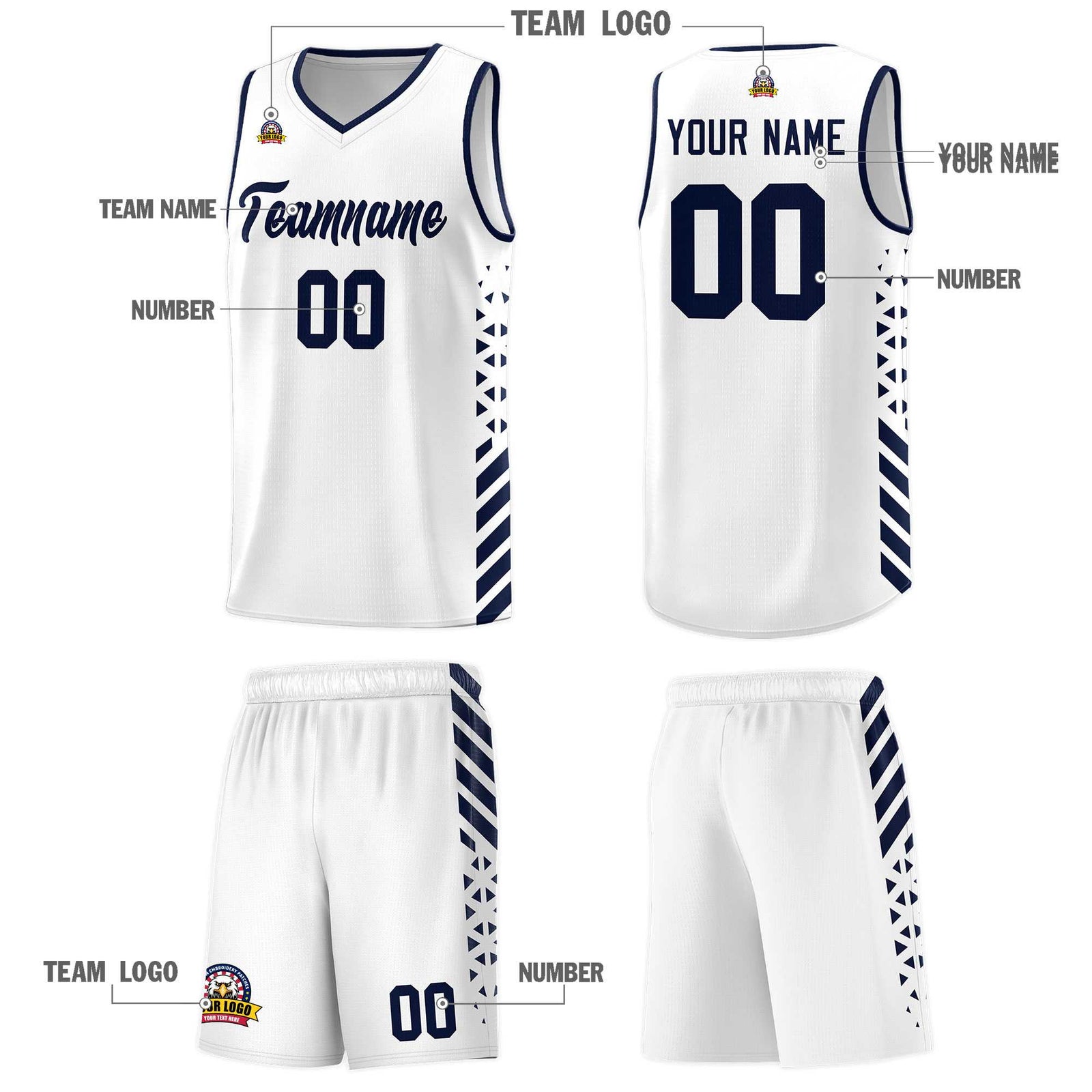 Custom White Basketball Kits With Side Navy Diamond Stripe Pattern