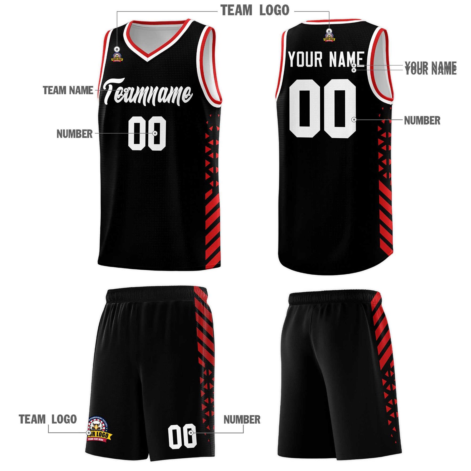 Custom Black Basketball Kits With Side Red Diamond Stripe Pattern
