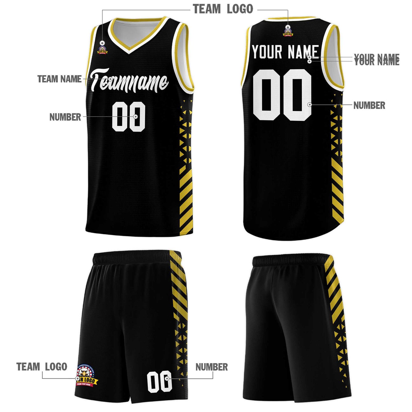 Custom Black Basketball Kits With Side Old Gold Diamond Stripe Pattern