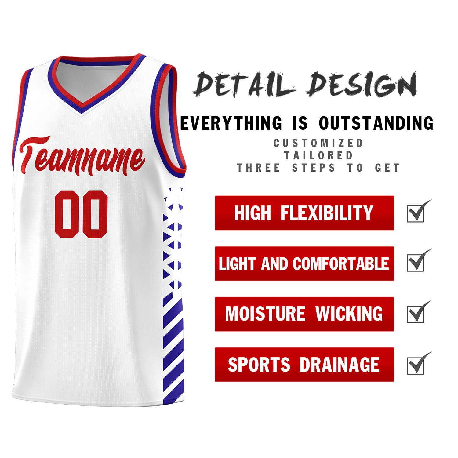 Custom White Basketball Kits With Side Royal Diamond Stripe Pattern