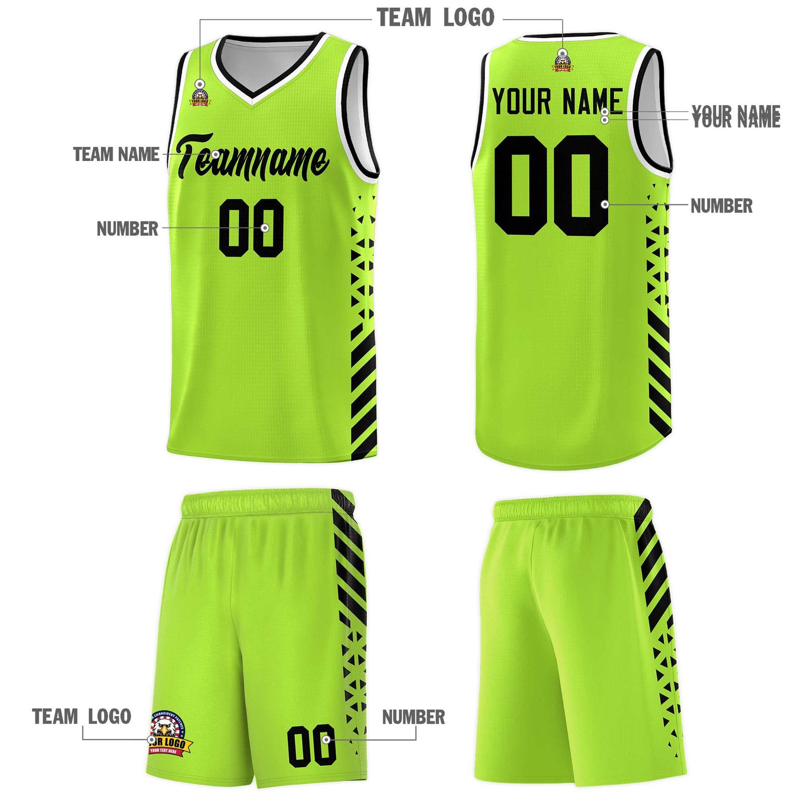 Custom Neon Green Basketball Kits With Side Black Diamond Stripe Pattern