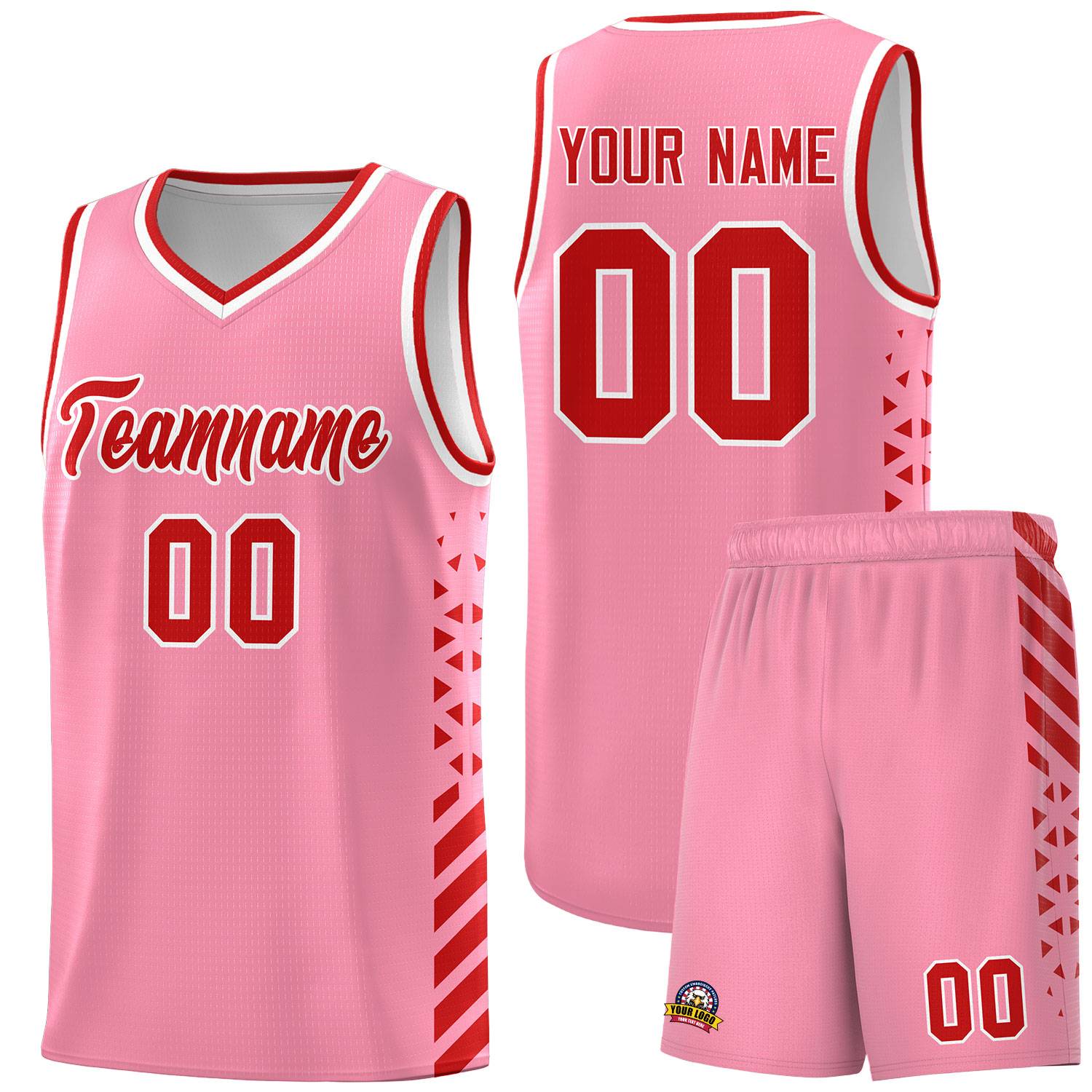 Custom Light Pink Basketball Kits With Side Red Diamond Stripe Pattern
