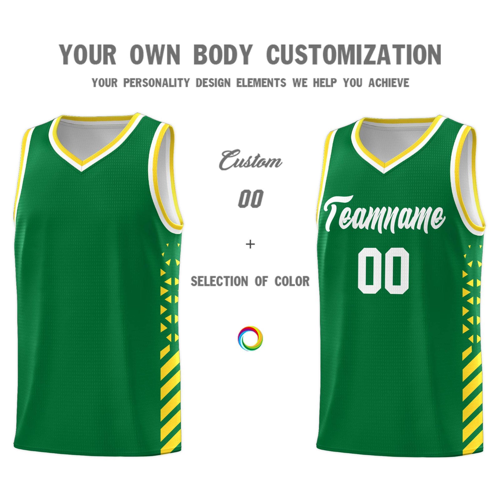 Custom Kelly Green Basketball Kits With Side Gold Diamond Stripe Pattern