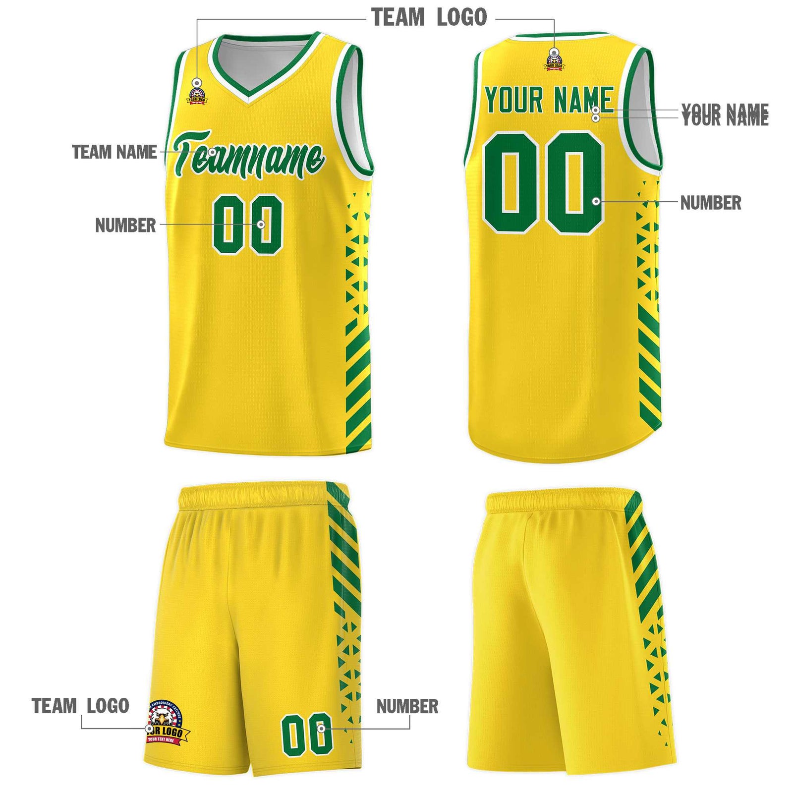 Custom Gold Basketball Kits With Side Kelly Green Diamond Stripe Pattern