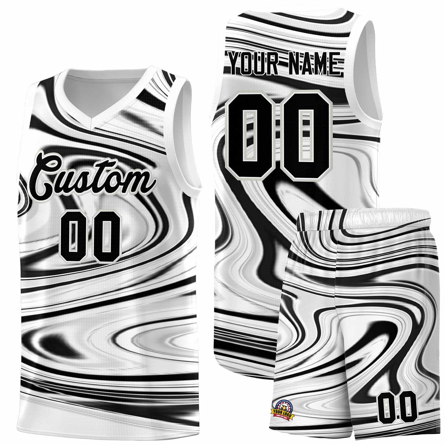 Custom White Black Graffiti Pattern Fluids Style Sports Uniform Basketball Jersey Sets