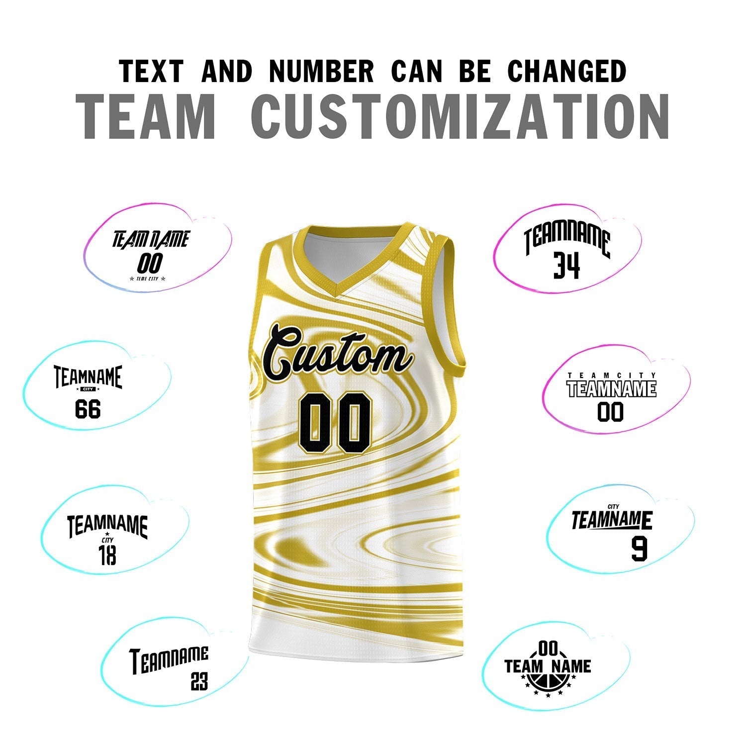 Custom White Old Gold Graffiti Pattern Fluids Style Sports Uniform Basketball Jersey Sets