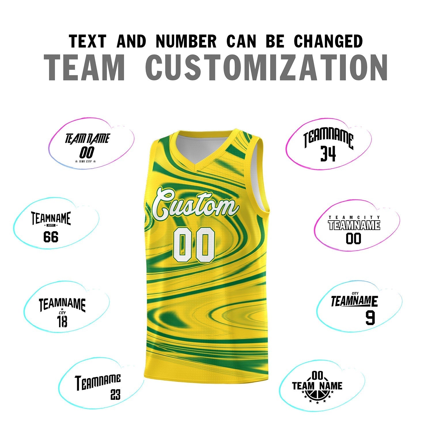 Custom Gold Kelly Green Graffiti Pattern Fluids Style Sports Uniform Basketball Jersey Sets