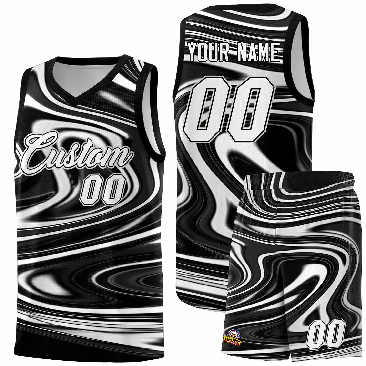 Custom Black White Graffiti Pattern Fluids Style Sports Uniform Basketball Jersey Sets