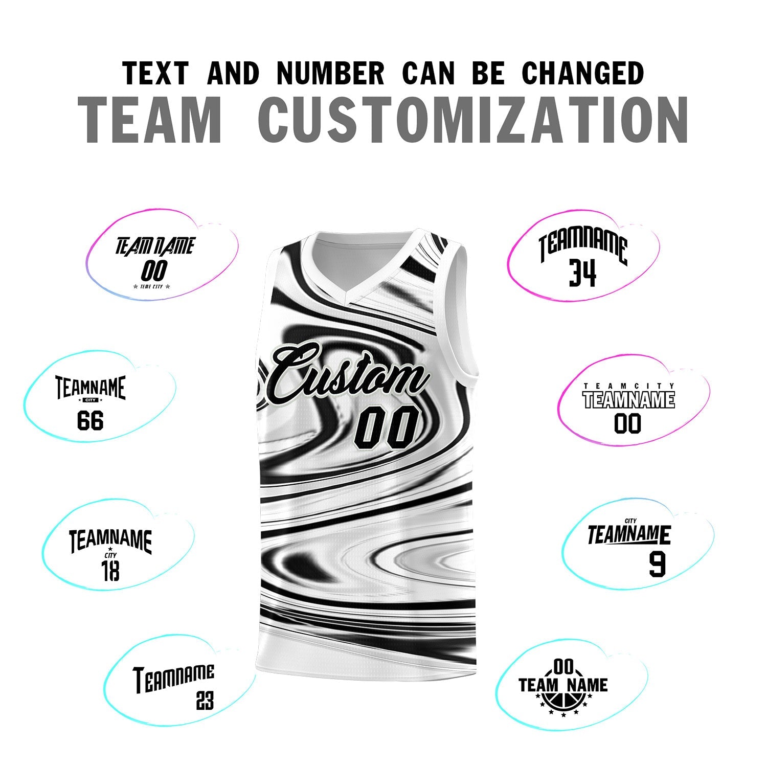 Custom White Black Graffiti Pattern Fluids Style Sports Uniform Basketball Jersey Sets