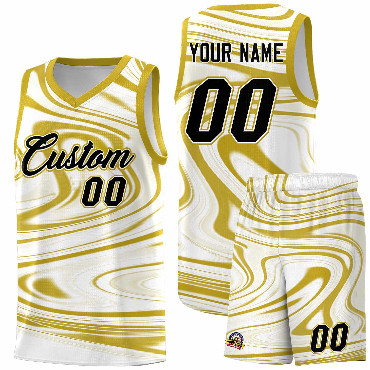 Custom White Old Gold Graffiti Pattern Fluids Style Sports Uniform Basketball Jersey Sets