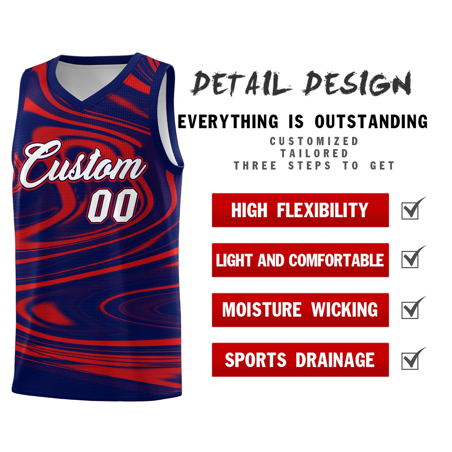 Custom Navy Red Graffiti Pattern Fluids Style Sports Uniform Basketball Jersey Sets