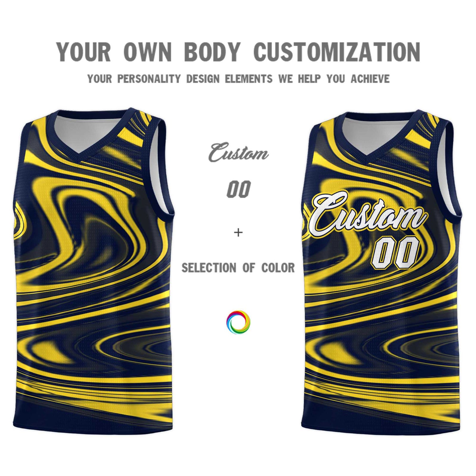 Custom Navy Gold Graffiti Pattern Fluids Style Sports Uniform Basketball Jersey Sets