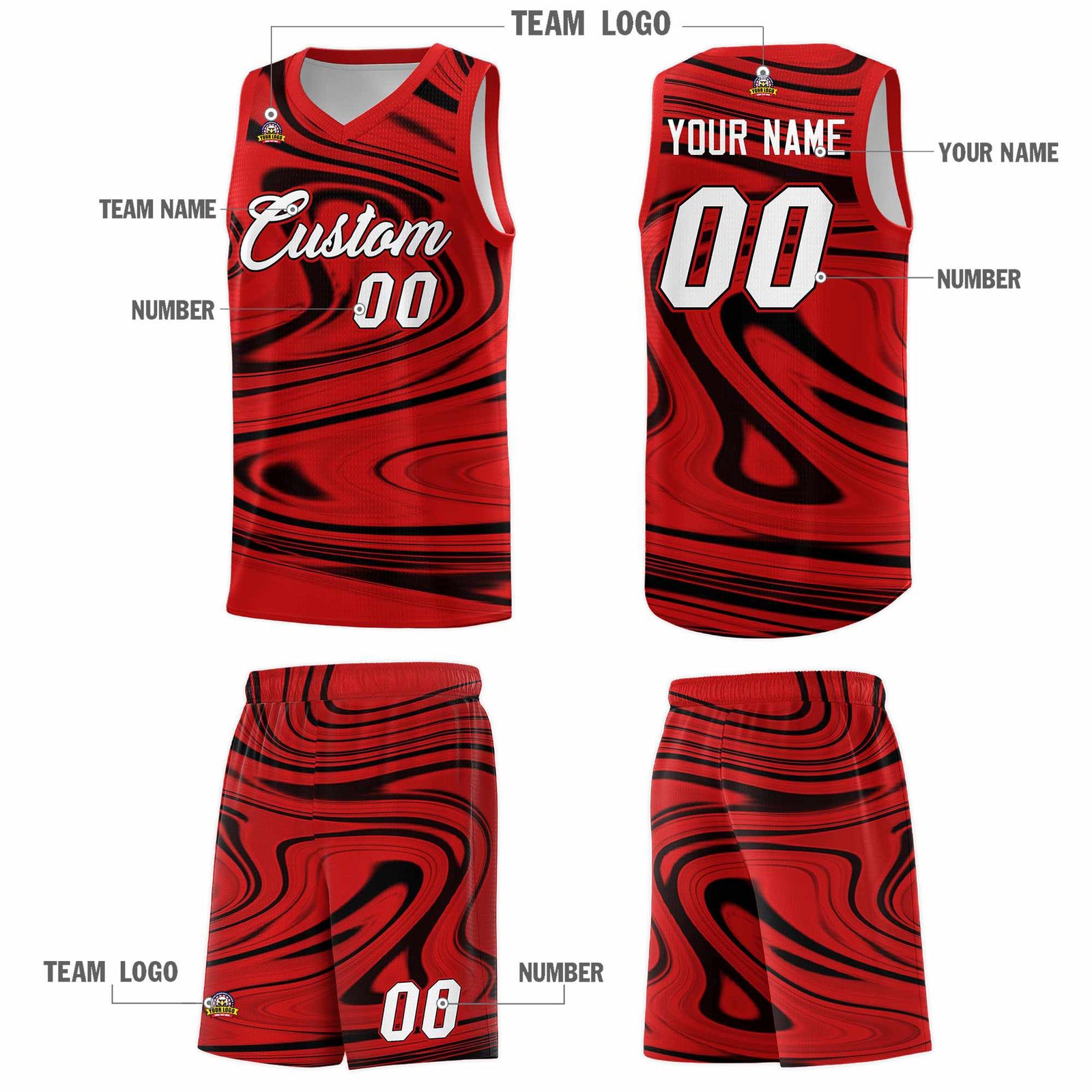 Custom Red Black Graffiti Pattern Fluids Style Sports Uniform Basketball Jersey Sets