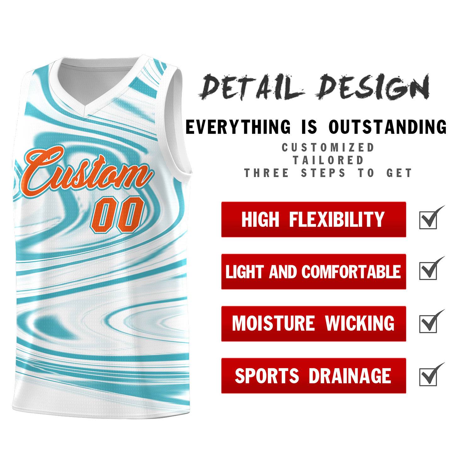 Custom White Aqua Graffiti Pattern Fluids Style Sports Uniform Basketball Jersey Sets