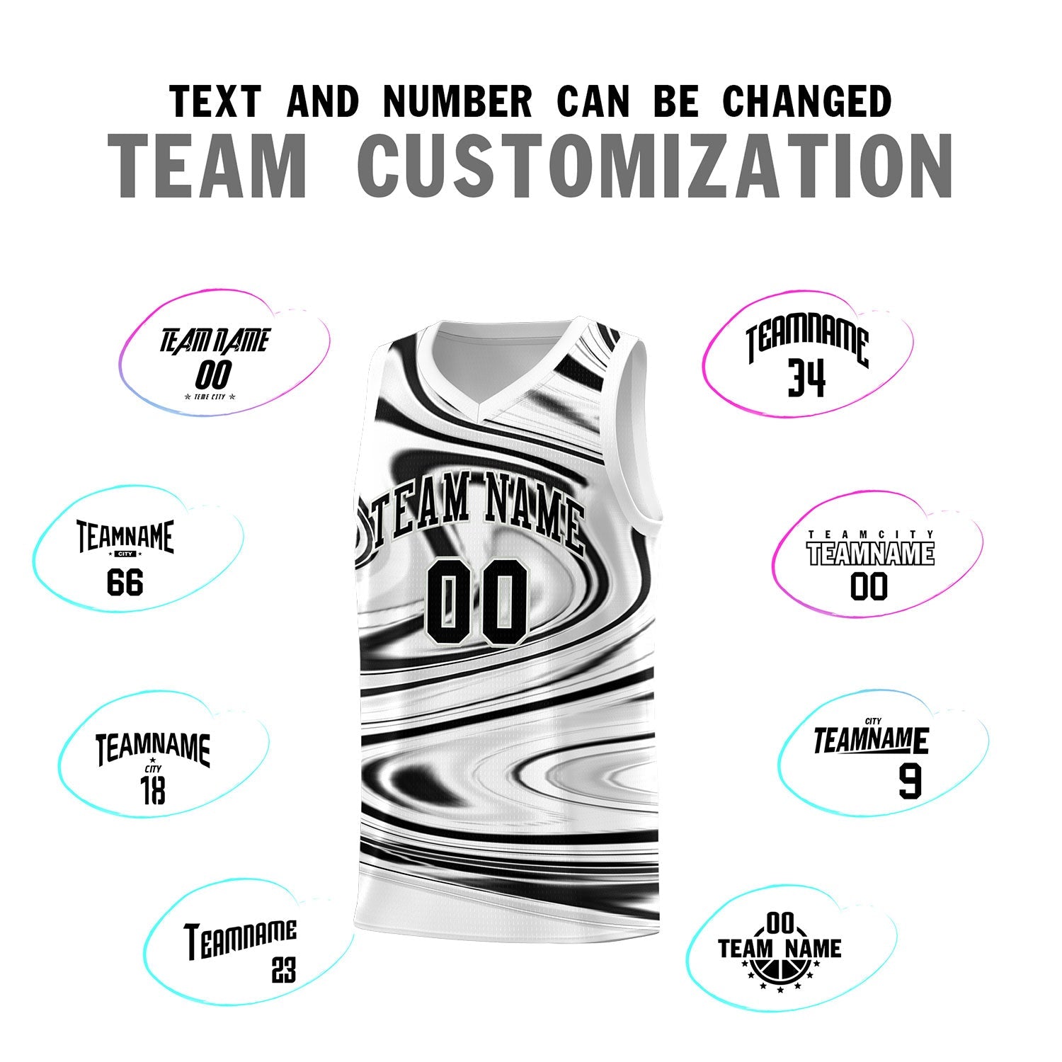 Custom White Black Graffiti Pattern Fluids Style Sports Uniform Basketball Jersey Sets