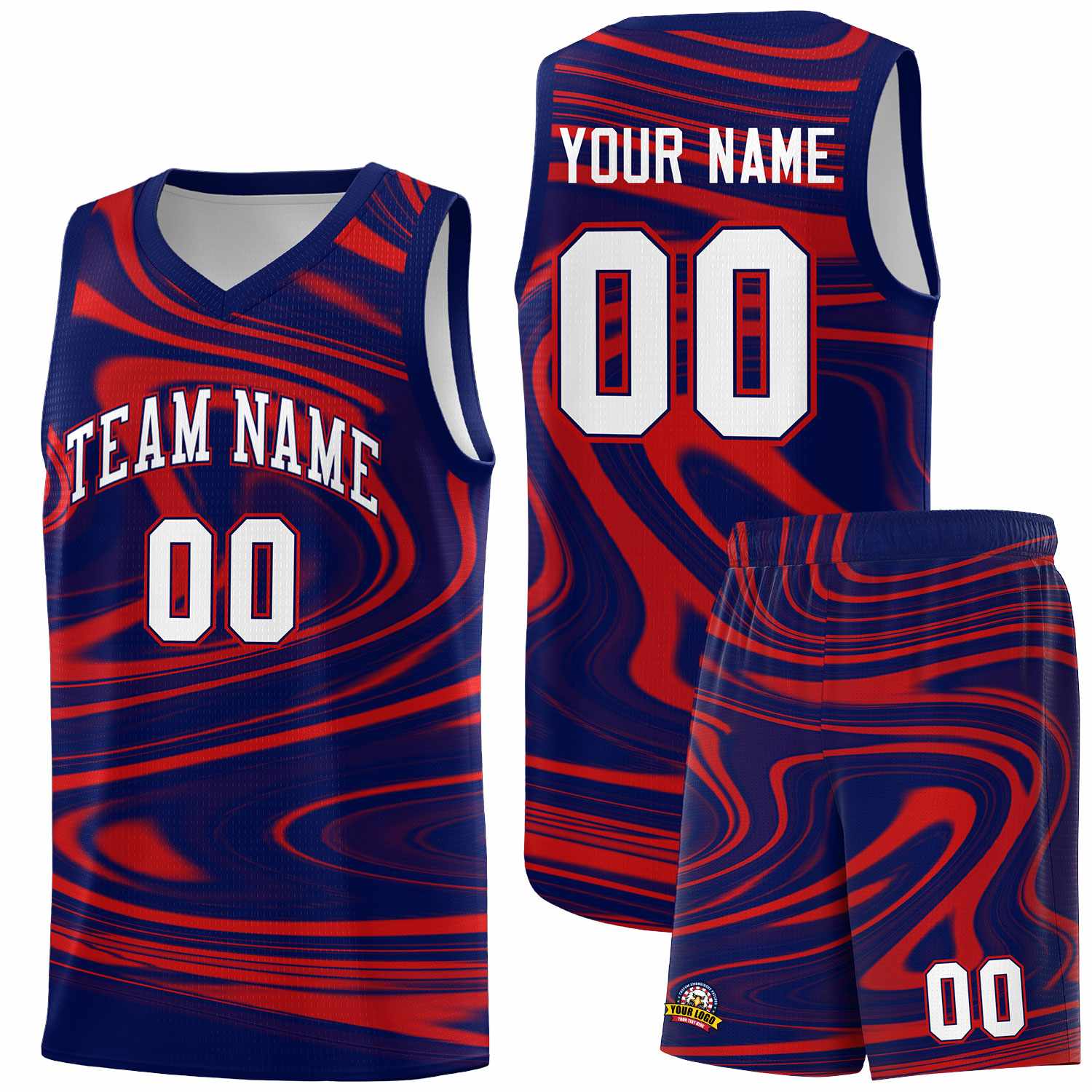 Custom Navy Red Graffiti Pattern Fluids Style Sports Uniform Basketball Jersey Sets
