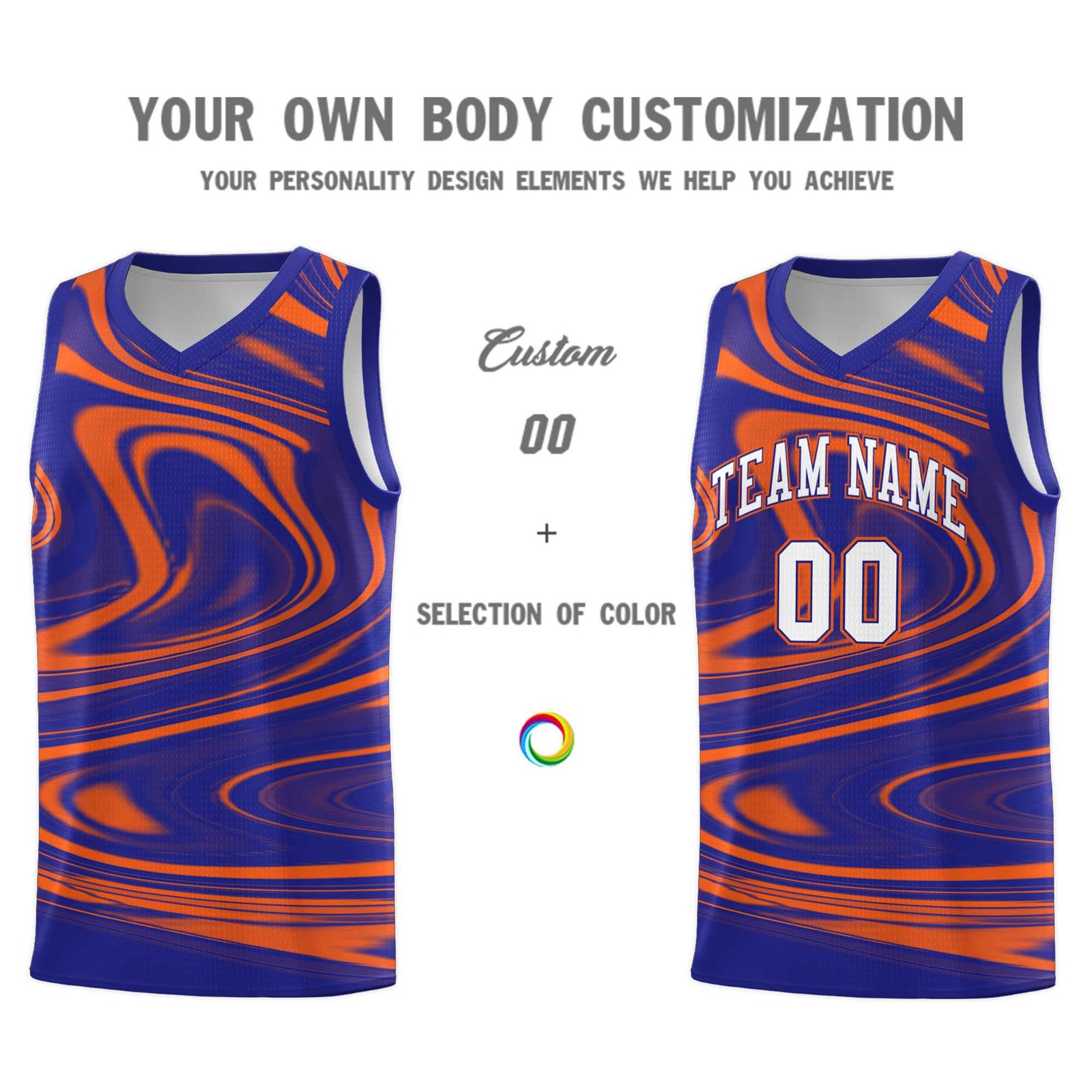 Custom Royal Orange Graffiti Pattern Fluids Style Sports Uniform Basketball Jersey Sets