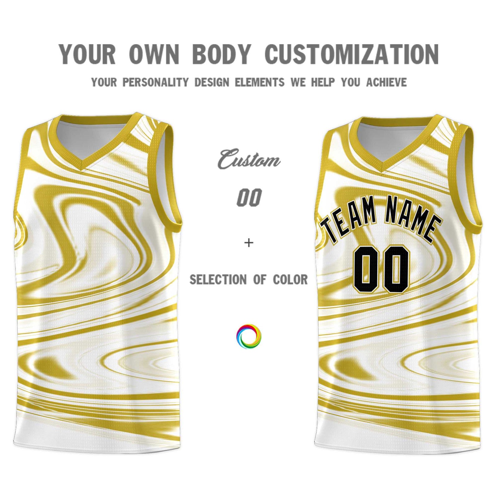 Custom White Old Gold Graffiti Pattern Fluids Style Sports Uniform Basketball Jersey Sets
