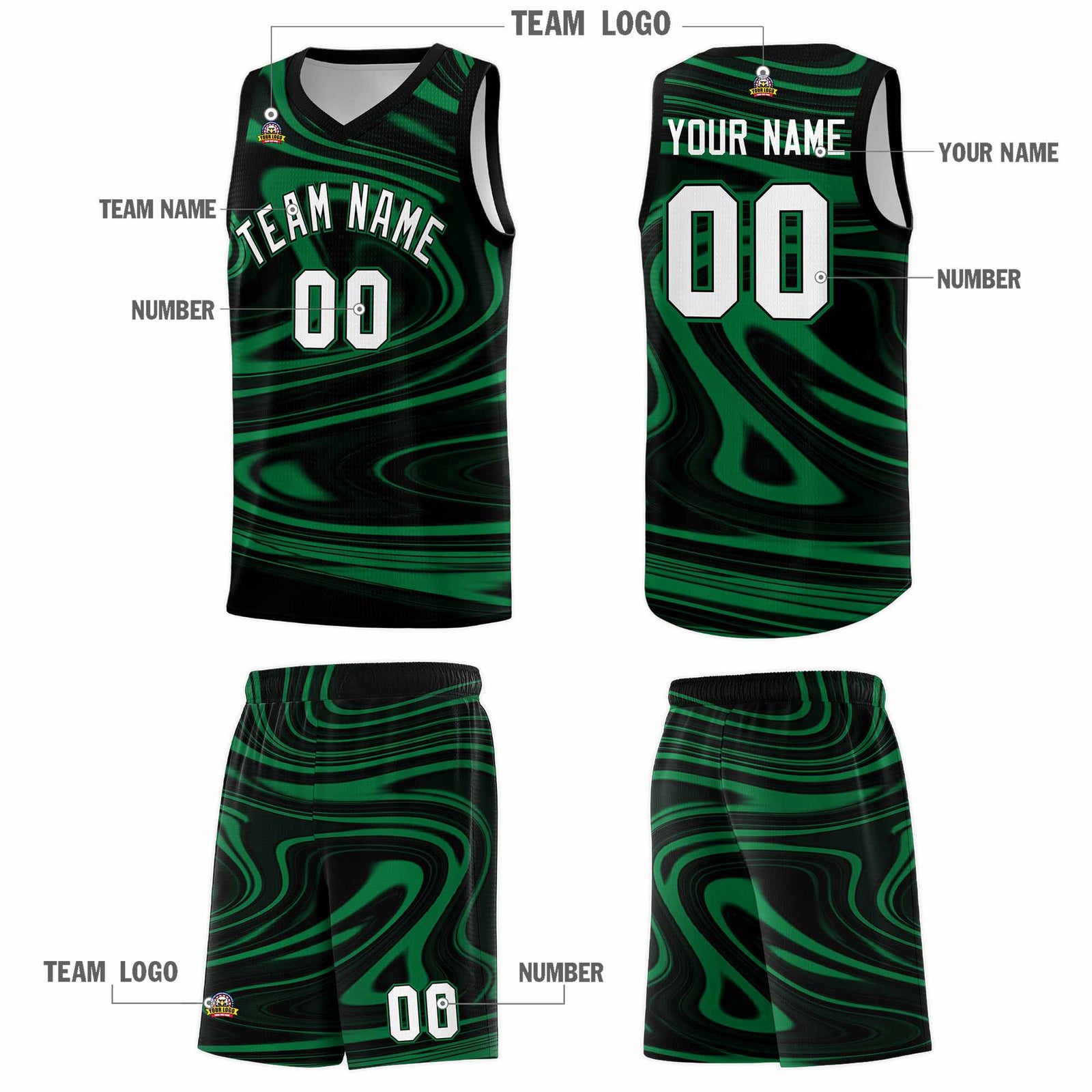 Custom Black Kelly Green Graffiti Pattern Fluids Style Sports Uniform Basketball Jersey Sets