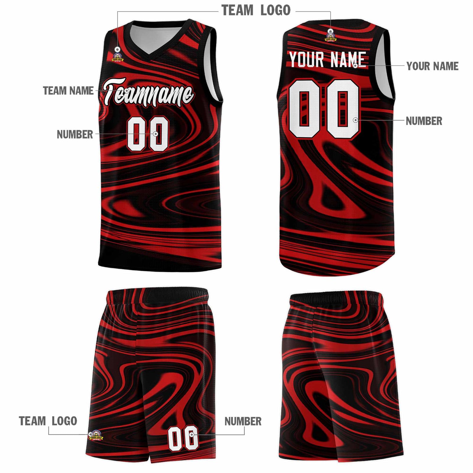 Custom Black Red Graffiti Pattern Fluids Style Sports Uniform Basketball Jersey Sets