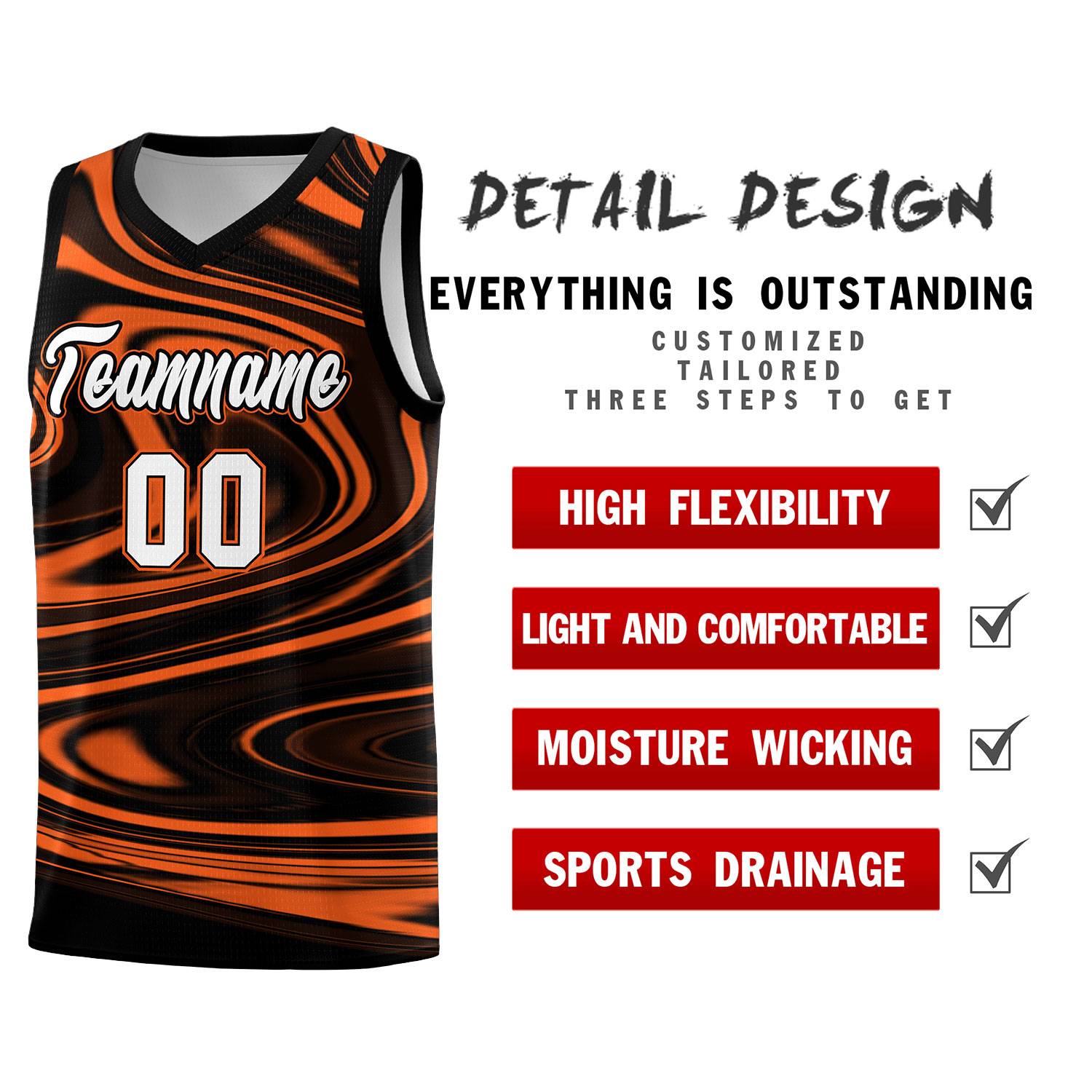 Custom Black Orange Graffiti Pattern Fluids Style Sports Uniform Basketball Jersey Sets