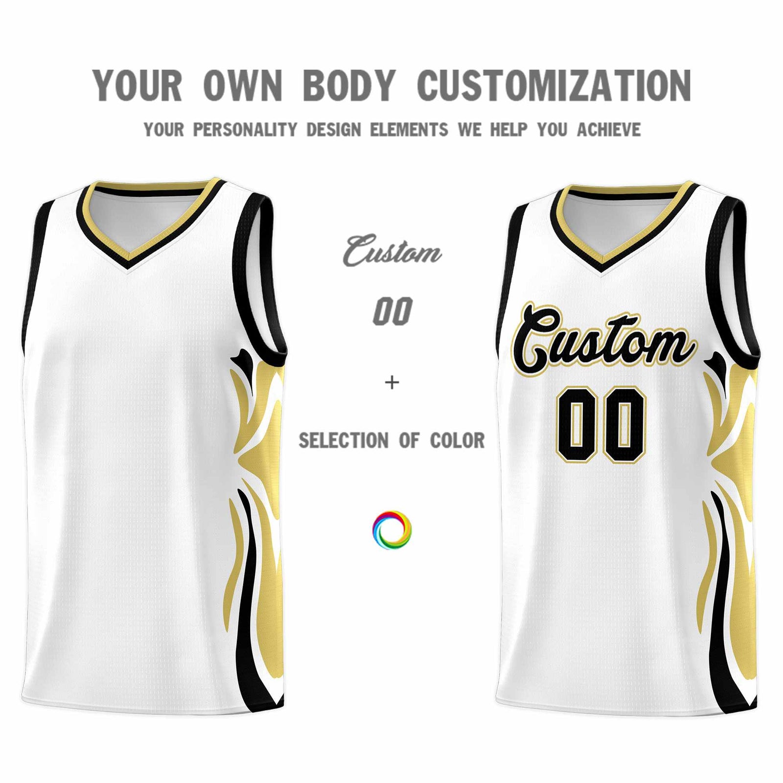 Custom White Black-Old Gold Graffiti Pattern Side Curve Pattern Sports Uniform Basketball Jersey Sets