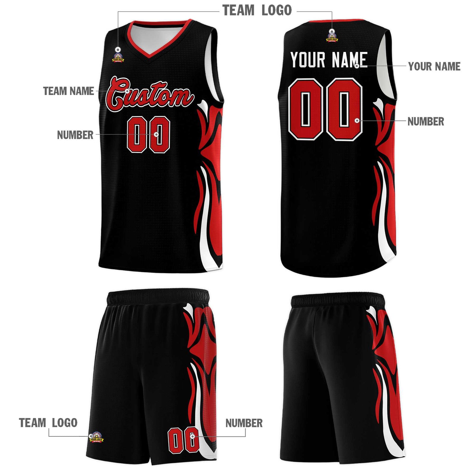 Custom Black Red-White Graffiti Pattern Side Curve Pattern Sports Uniform Basketball Jersey Sets
