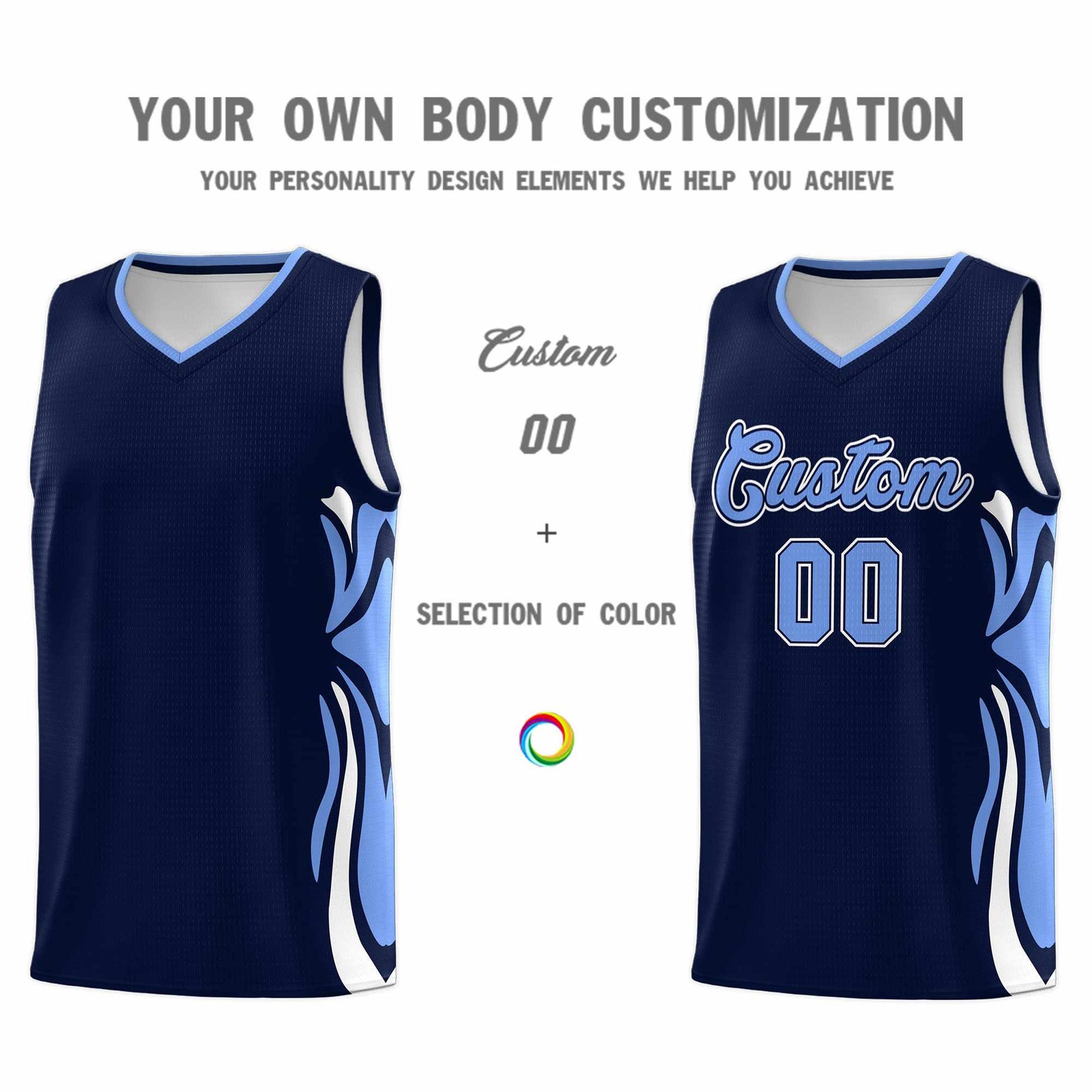 Custom Navy Light Blue-White Graffiti Pattern Side Curve Pattern Sports Uniform Basketball Jersey Sets