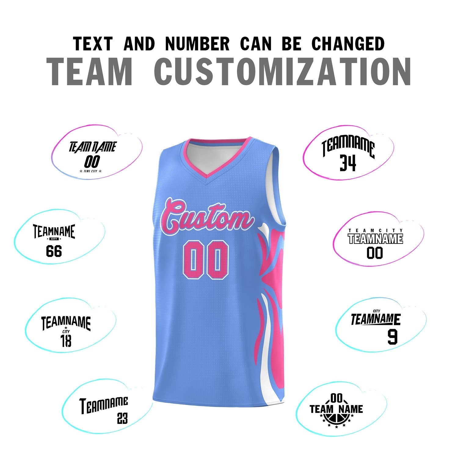 Custom Light Blue Pink-White Graffiti Pattern Side Curve Pattern Sports Uniform Basketball Jersey Sets