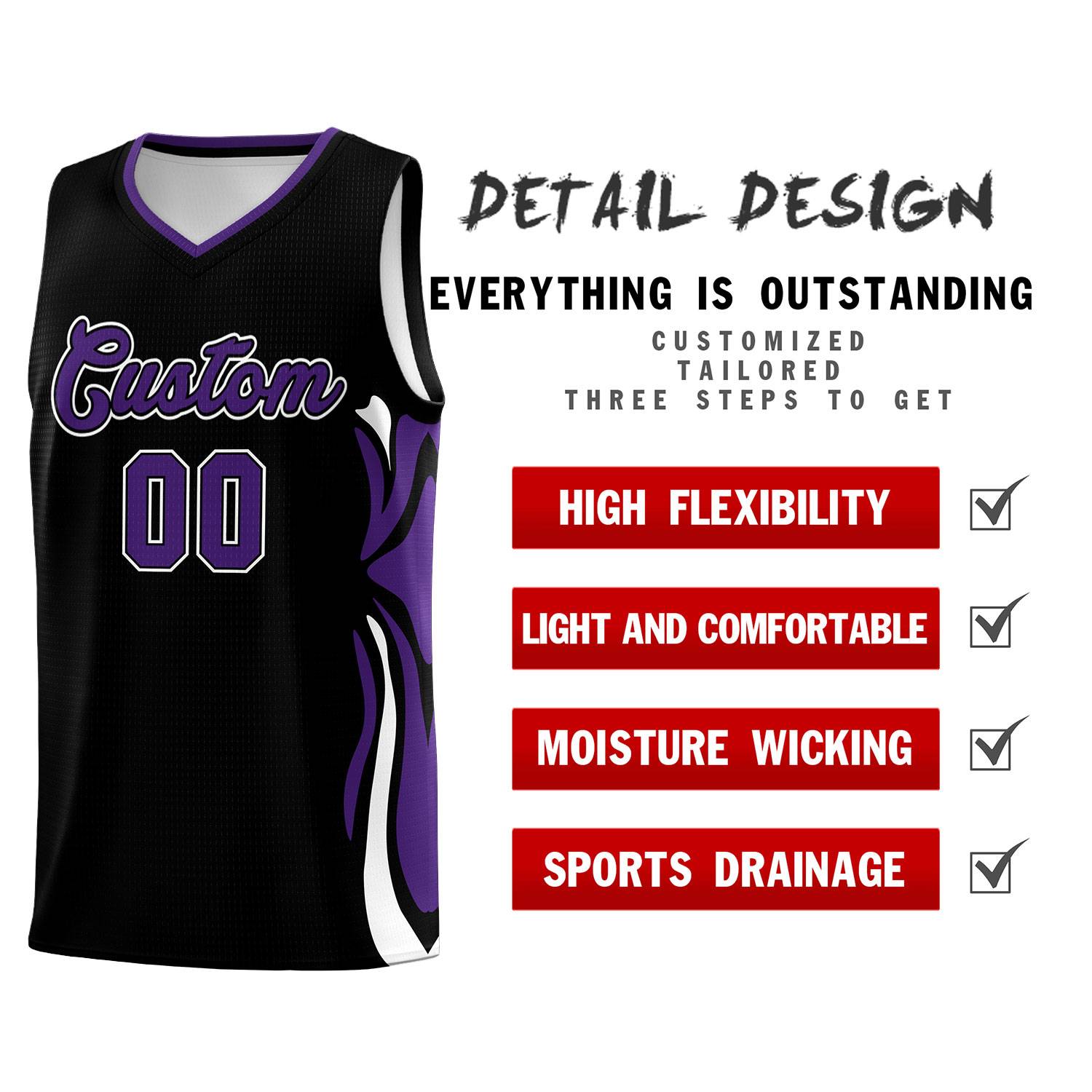 Custom Black Purple-White Graffiti Pattern Side Curve Pattern Sports Uniform Basketball Jersey Sets