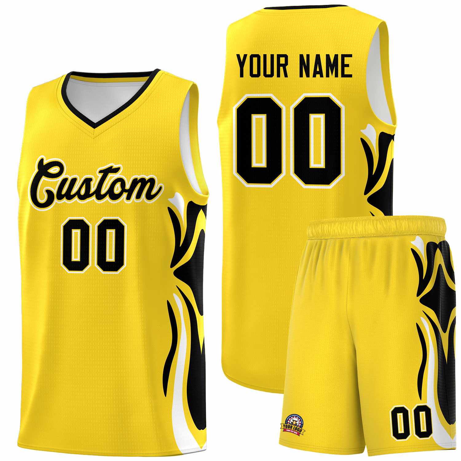 Custom Gold Black-White Graffiti Pattern Side Curve Pattern Sports Uniform Basketball Jersey Sets