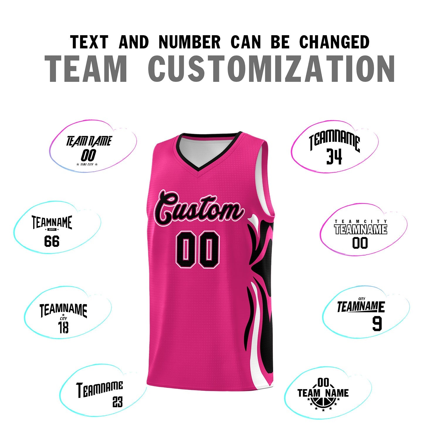 Custom Pink Black-White Graffiti Pattern Side Curve Pattern Sports Uniform Basketball Jersey Sets